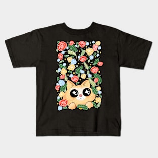 Cute cat surrounded by flowers Kids T-Shirt